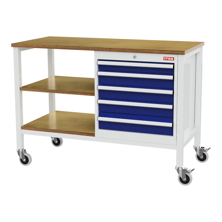 STIER Mobile workbench with 4 drawers and 2 wooden shelves WxDxH 1300x600x960 mm RAL 7035 / RAL 5010