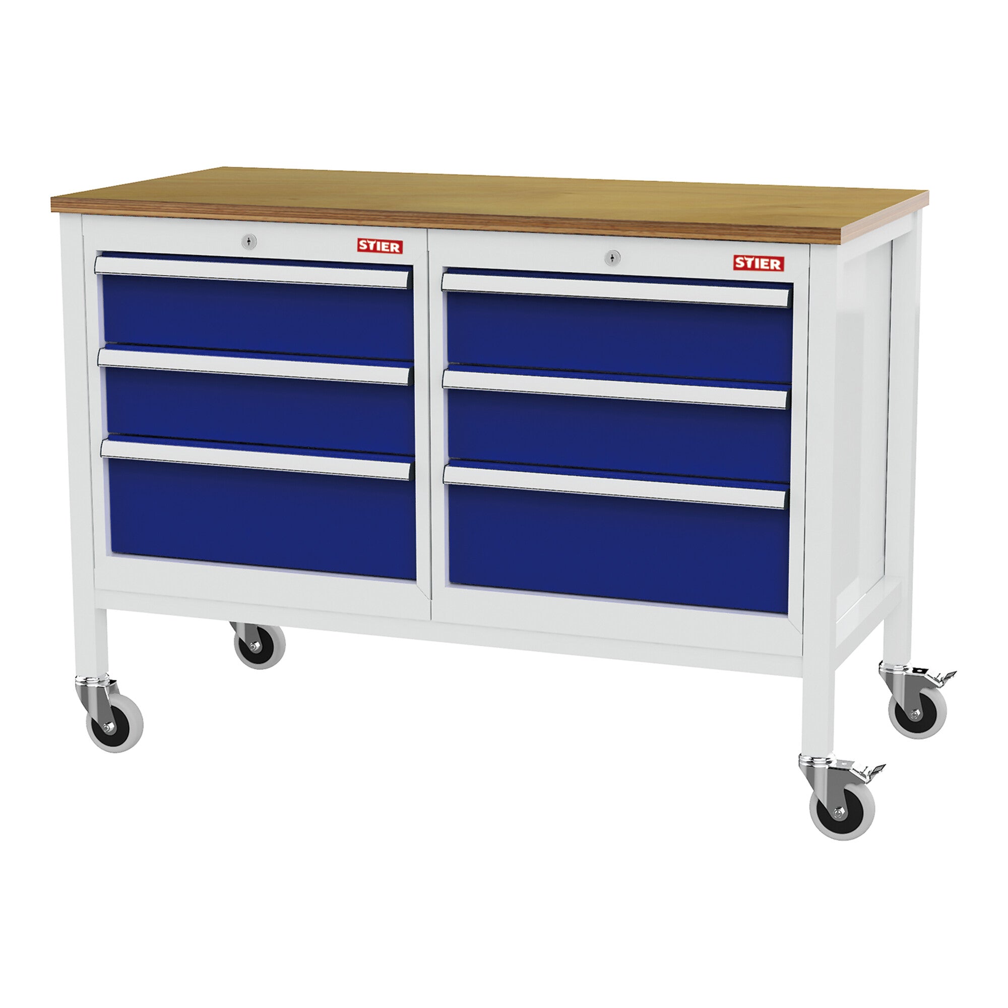 STIER Mobile workbench with 4 drawers and 2 wooden shelves WxDxH 1300x600x960 mm RAL 7035 / RAL 5010