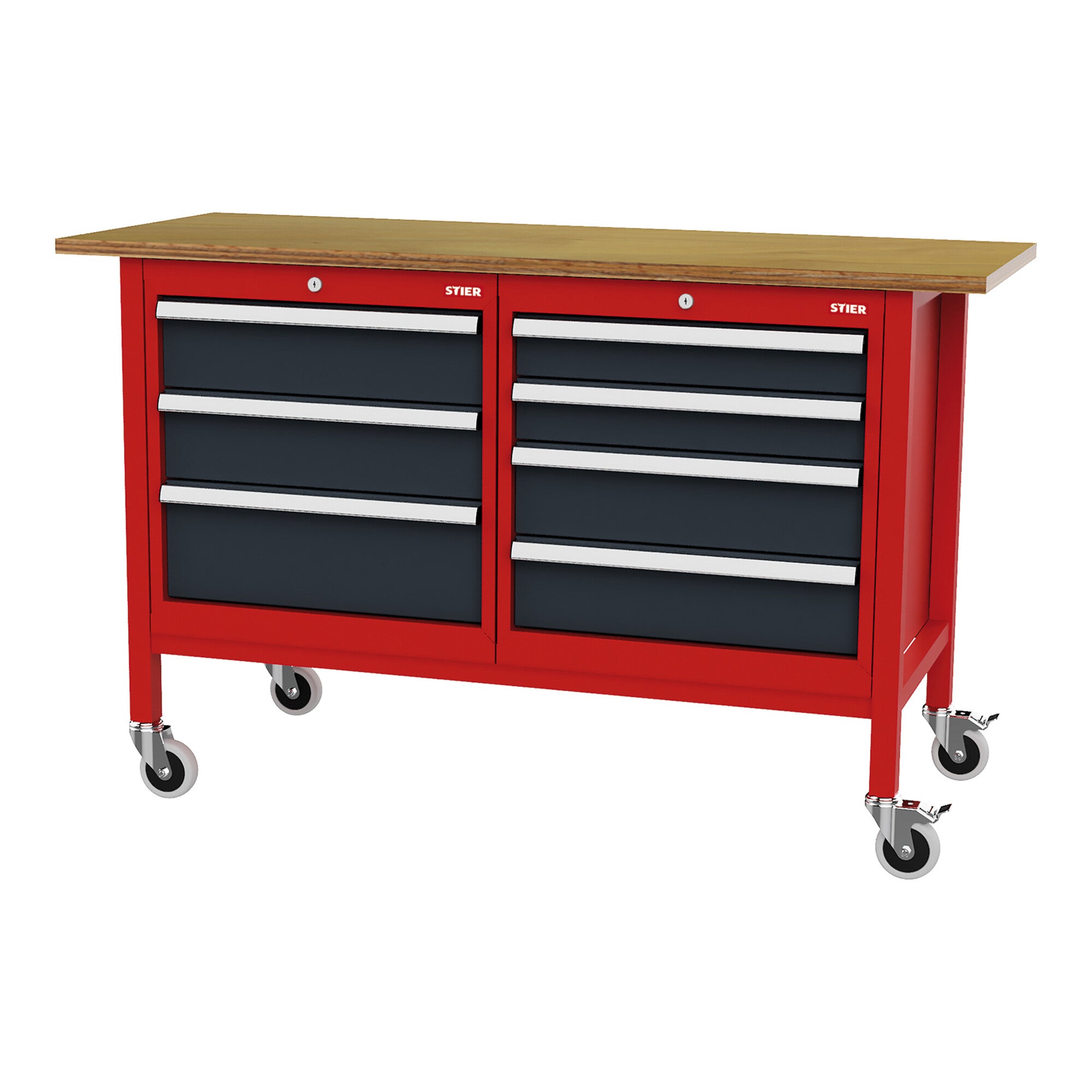 STIER Mobile workbench with 4 drawers and 2 wooden shelves WxDxH 1300x600x960 mm RAL 3020 / RAL 7016