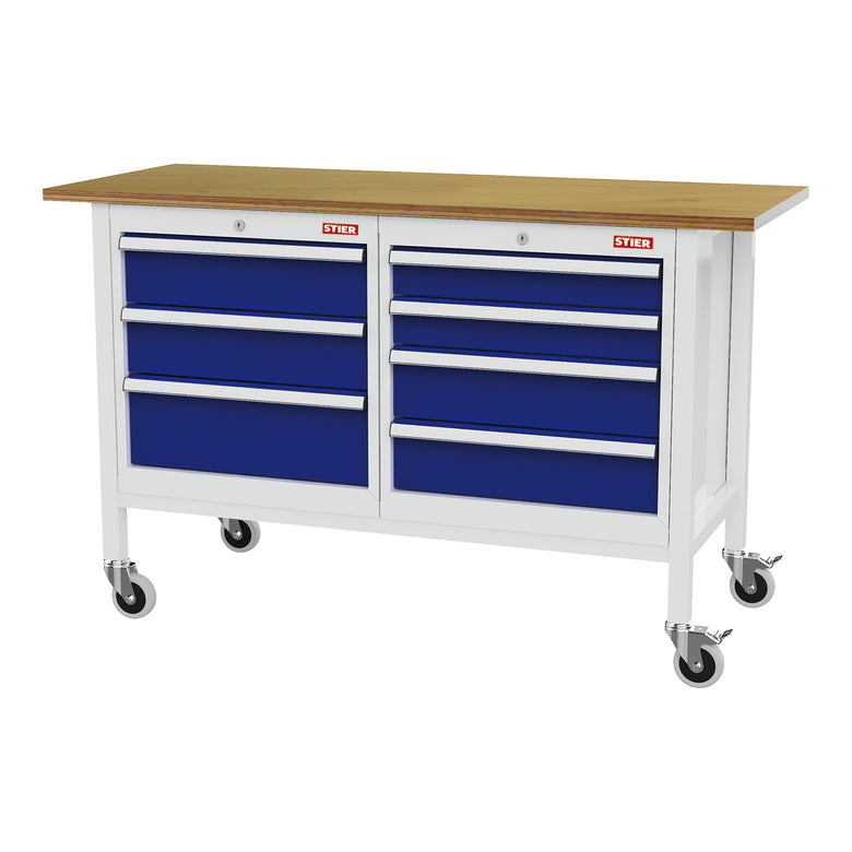 STIER Mobile workbench with 4 drawers and 2 wooden shelves WxDxH 1300x600x960 mm RAL 7035 / RAL 5010