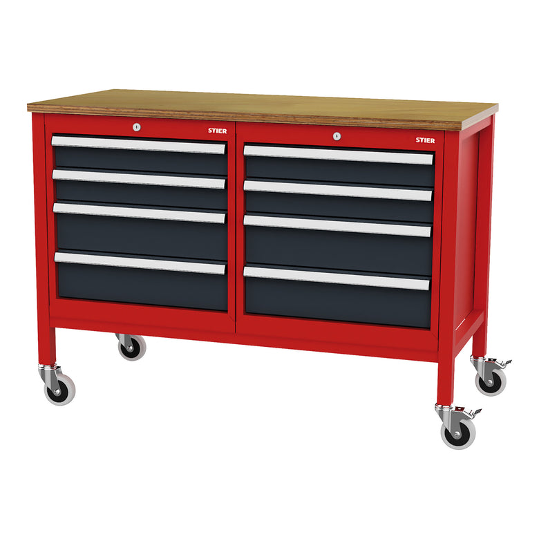 STIER Mobile Kastenwerkbank mit 8 Schubladen BxTxH 1300x600x960 mm RAL 3020 /