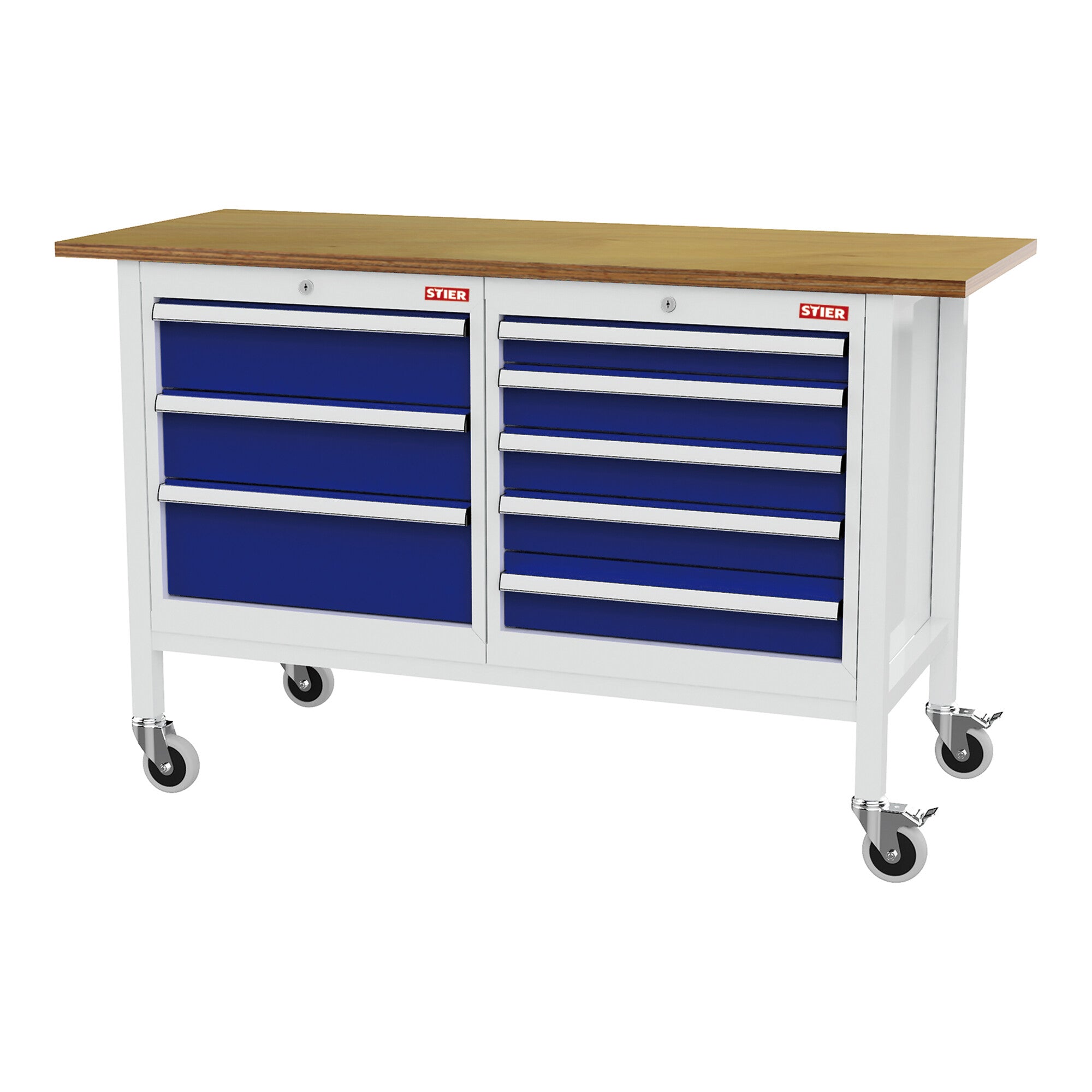 STIER Mobile workbench with 4 drawers and 2 wooden shelves WxDxH 1300x600x960 mm RAL 7035 / RAL 5010