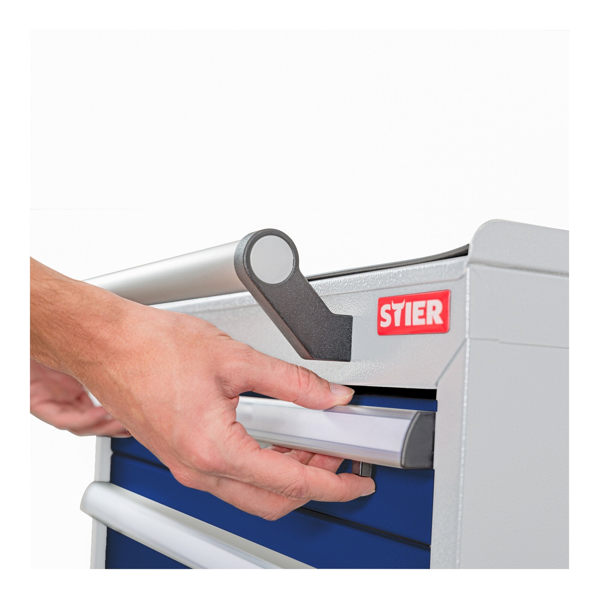STIER Mobile drawer cabinet with 5 drawers WxDxH 600x575x790 mm light grey/gentian blue, RAL 7035 / RAL 5010