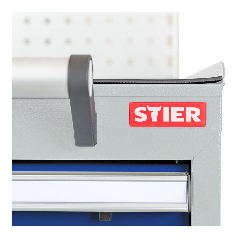 STIER Mobile drawer cabinet with 5 drawers WxDxH 600x575x790 mm light grey/gentian blue, RAL 7035 / RAL 5010