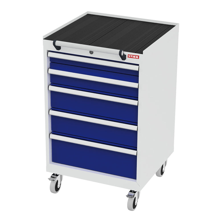 STIER Mobile drawer cabinet with 5 drawers WxDxH 600x575x790 mm light grey/gentian blue, RAL 7035 / RAL 5010