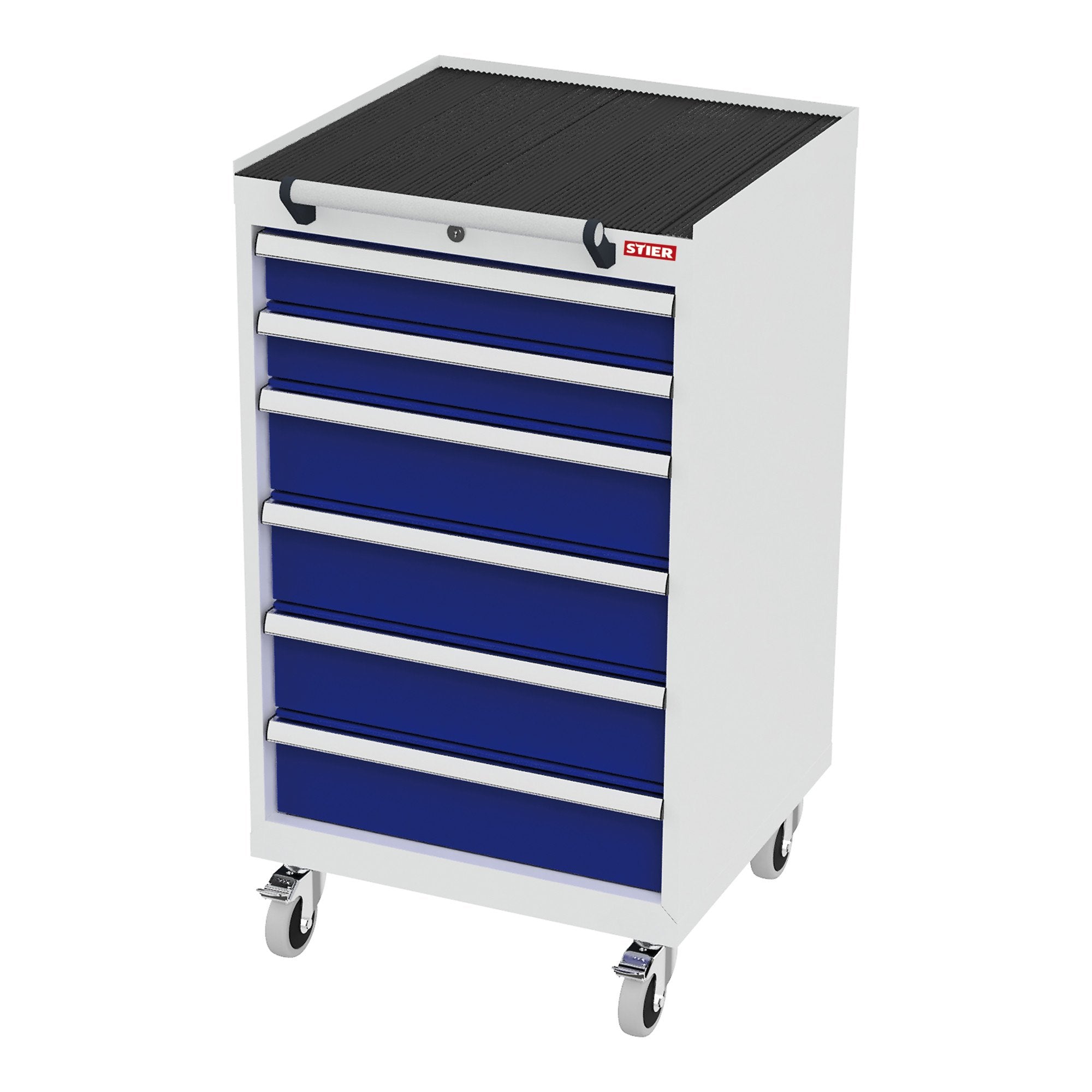 STIER Mobile drawer cabinet with 5 drawers WxDxH 600x575x790 mm light grey/gentian blue, RAL 7035 / RAL 5010