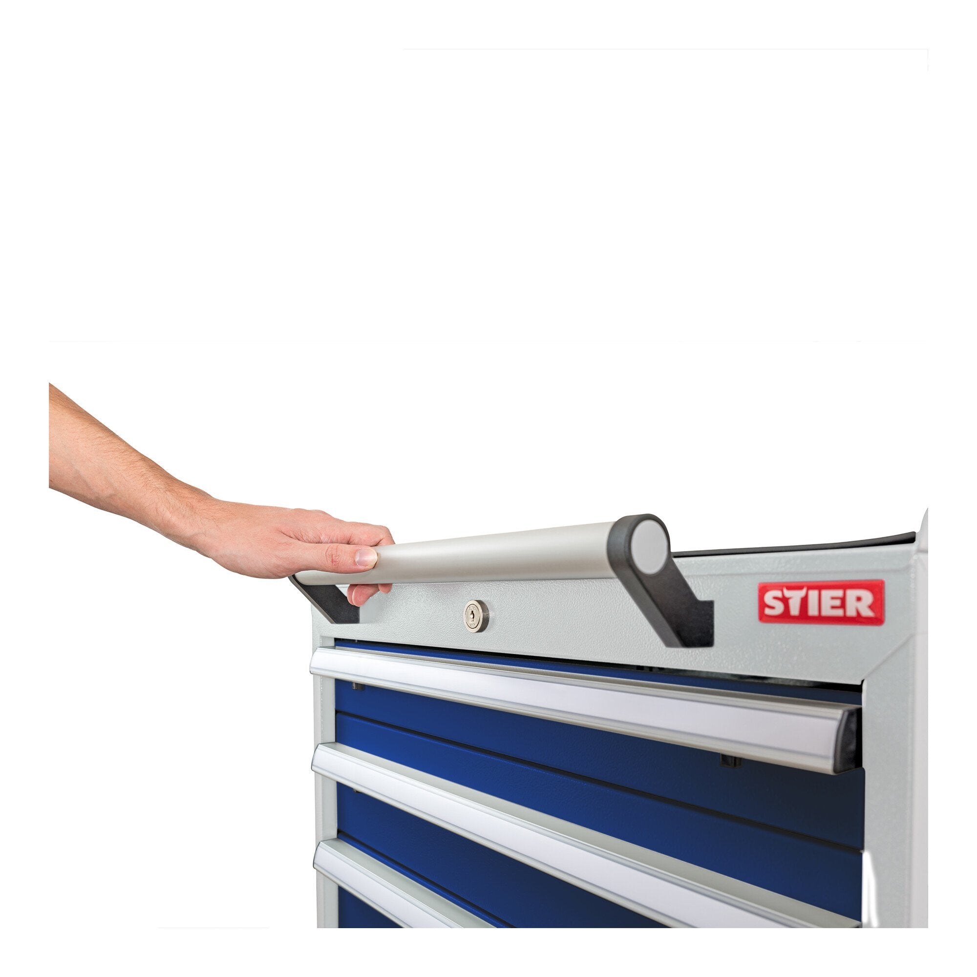 STIER Mobile drawer cabinet with 5 drawers WxDxH 600x575x790 mm light grey/gentian blue, RAL 7035 / RAL 5010
