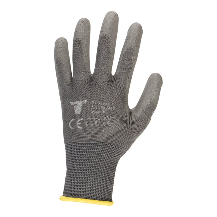STIER Montagehandschuh, 12 Paar, Größe 8, Nylon mit PU-Beschichtung, Exzellentes Tastgefühl, Griffsicherheit, hohe Abriebfestigkeit, Atumungsaktivität, Grau