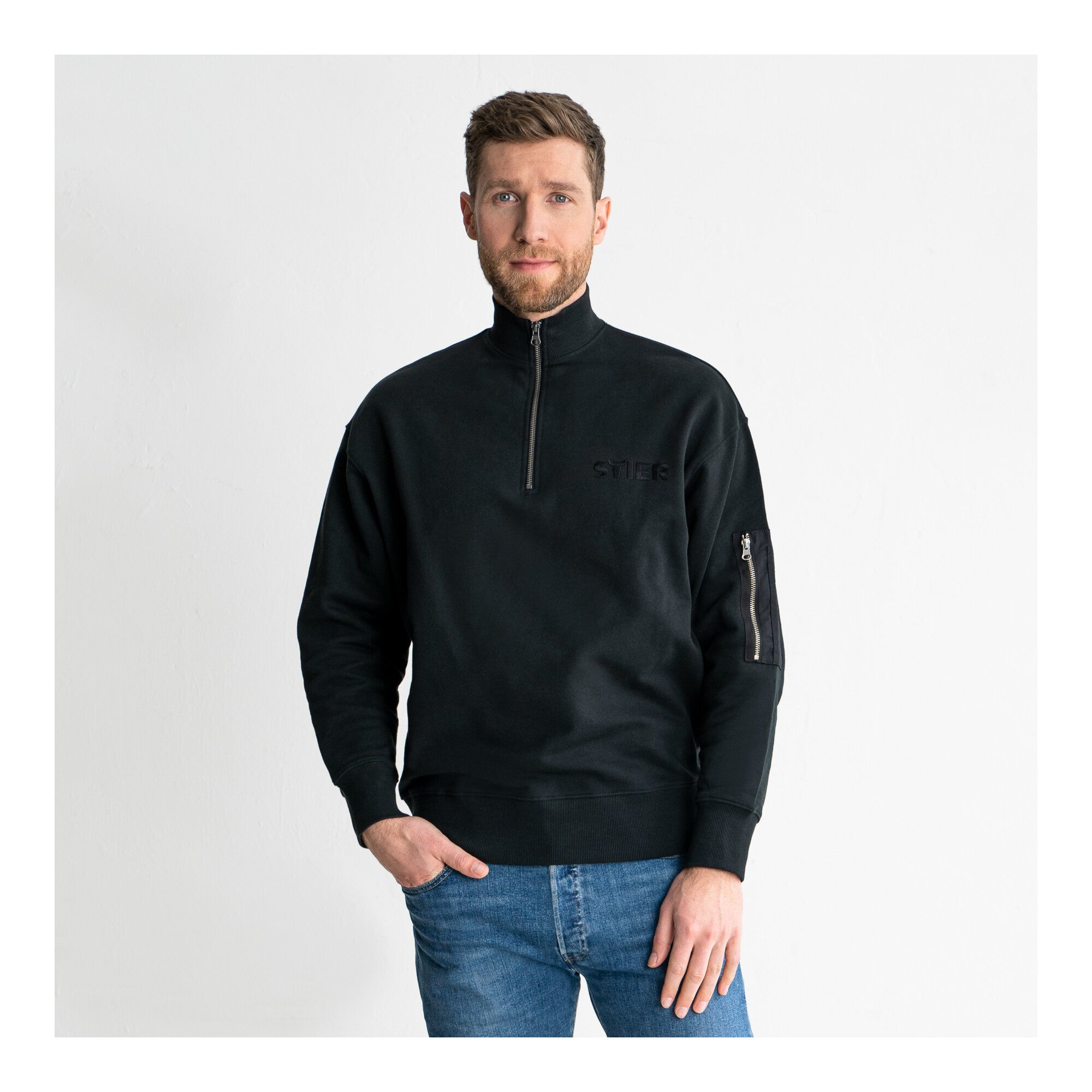 STIER Oversized Zip Sweater Functional Pocket organic cotton L Black