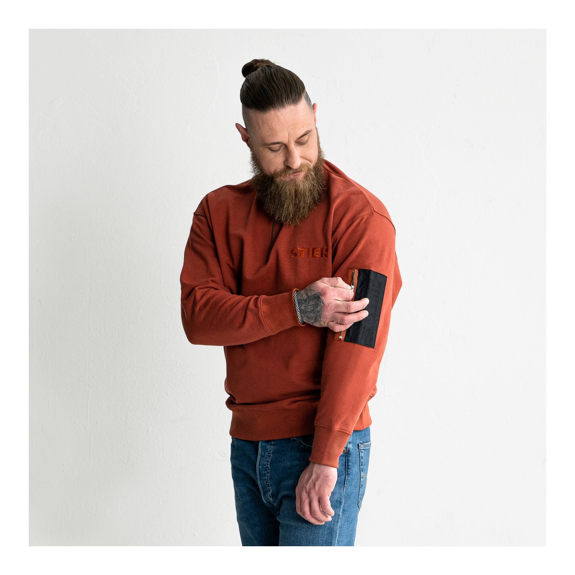 STIER Oversized Zip Sweater Functional Pocket organic cotton L Deep Red