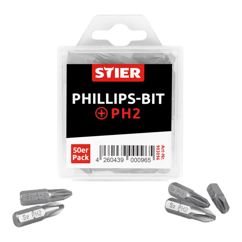 STIER Phillips bit bulk pack PH1 to PH2 50 pieces drive 1/4 25 mm length