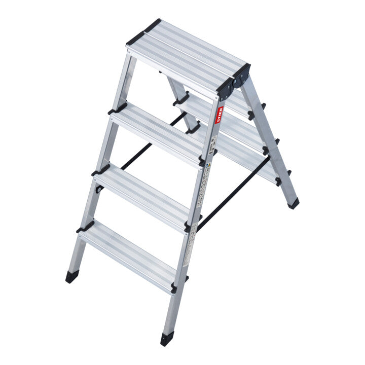STIER Stufen Stehleiter 2x4 Sufen beidseitig begehbar, Alu-Sicherheits-Stehleiter, Mehrzweckleiter