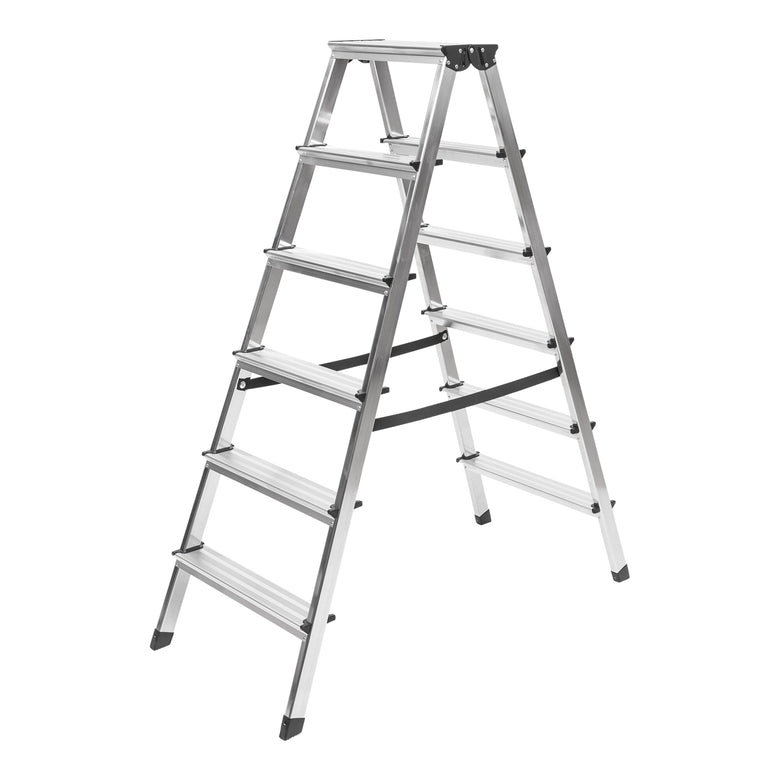 STIER Stufen Stehleiter 2x4 Sufen beidseitig begehbar, Alu-Sicherheits-Stehleiter, Mehrzweckleiter