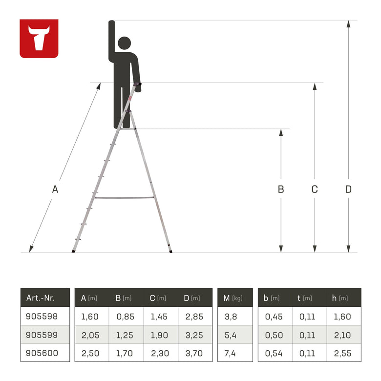 STIER Stepladder 4 steps one-sided access, aluminum safety stepladder, multi-purpose ladder