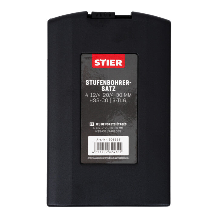 STIER step drill set HSS-Co 3-piece in cassette 4-12 4-20 4-30mm metal drill
