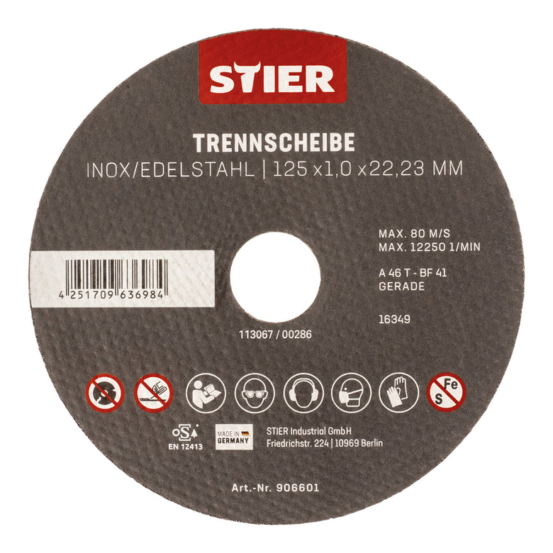 STIER Trennscheibe Edelstahl 125 x 1,0 x 22,23 mm Form gerade 10 Stk