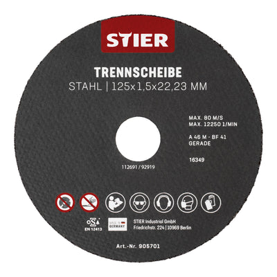 STIER cutting discs made of steel, dimensions: 125 x 1.5 x 22.23; shape 41; straight design;
