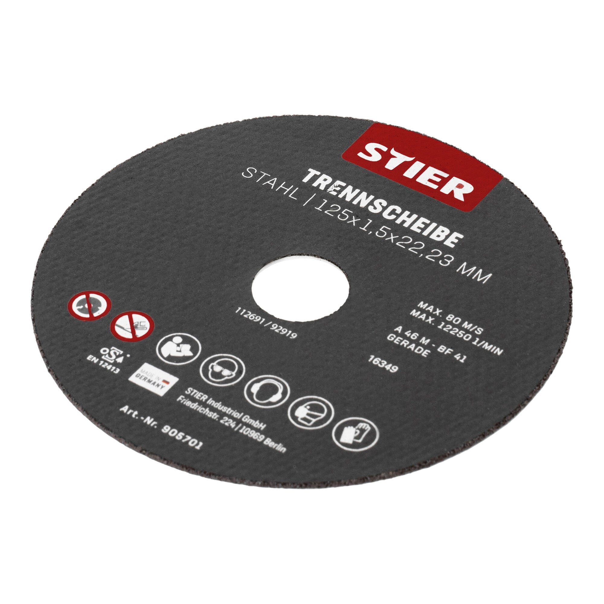 STIER cutting discs made of steel, dimensions: 125 x 1.5 x 22.23; shape 41; straight design;