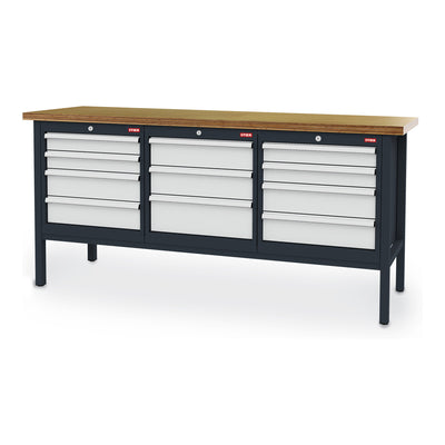 STIER Werkbank mit 11 Schubladen BxTxH 2000x600x960 mm RAL 7016 / RAL 7035