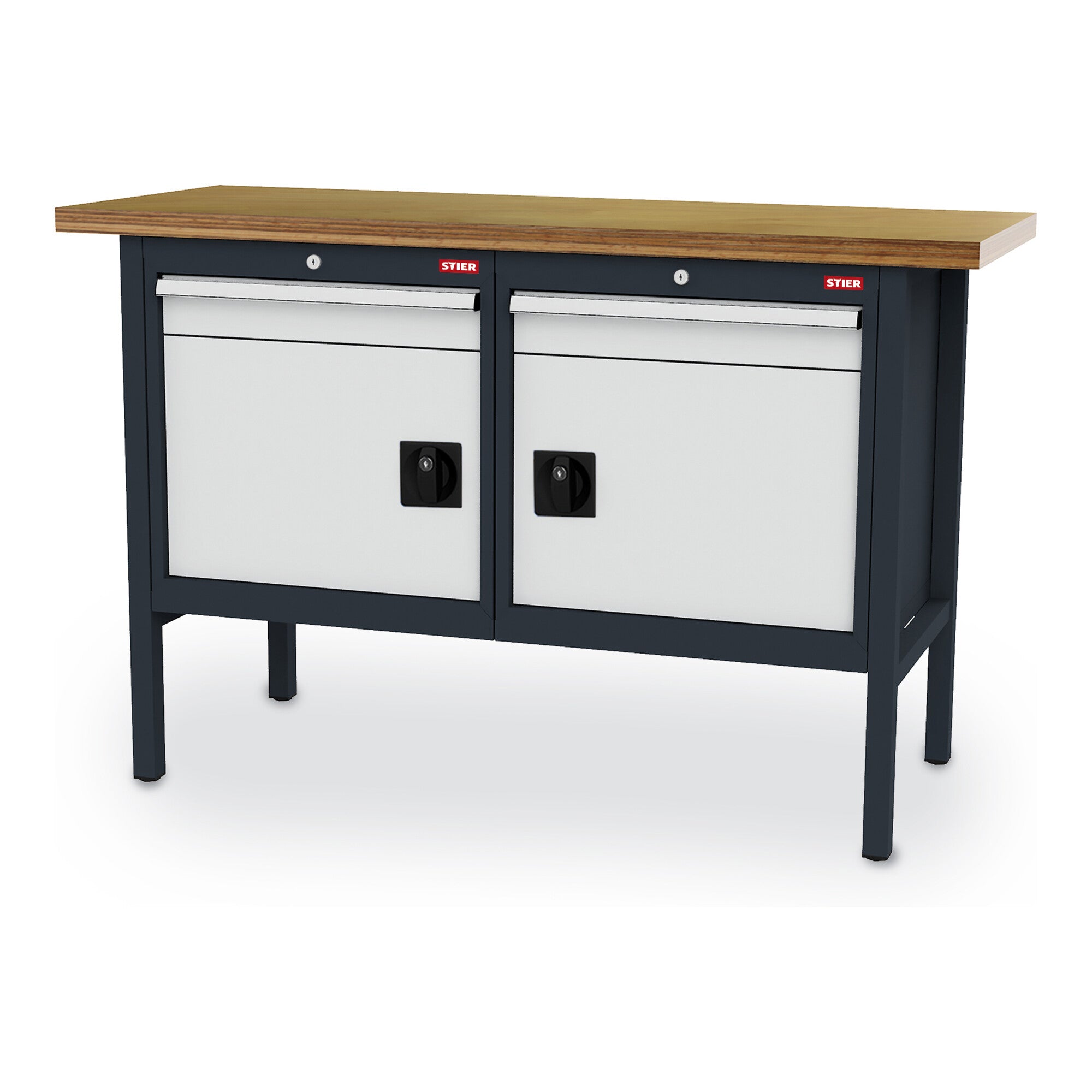 STIER Werkbank mit 2 Schubladen und 2 Türen BxTxH 1500x600x960 mm RAL 7016 / RAL