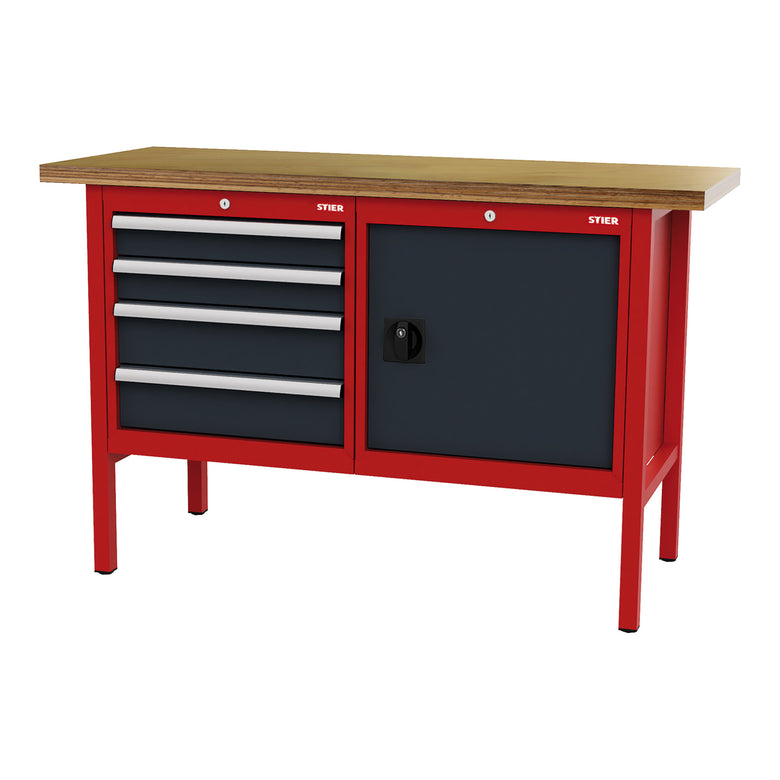 STIER Werkbank mit 4 Schubladen und 1 Tür BxTxH 1500x600x960 mm RAL 3020 / RAL
