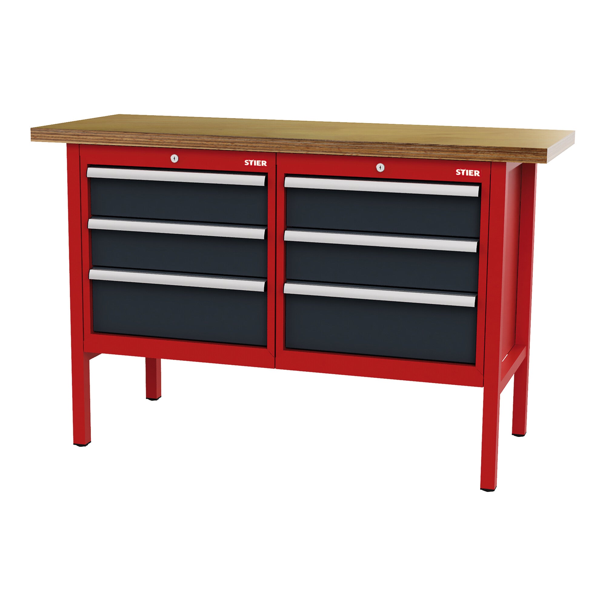 STIER Werkbank mit 6 Schubladen BxTxH 1500x600x960 mm RAL 3020 / RAL 7016