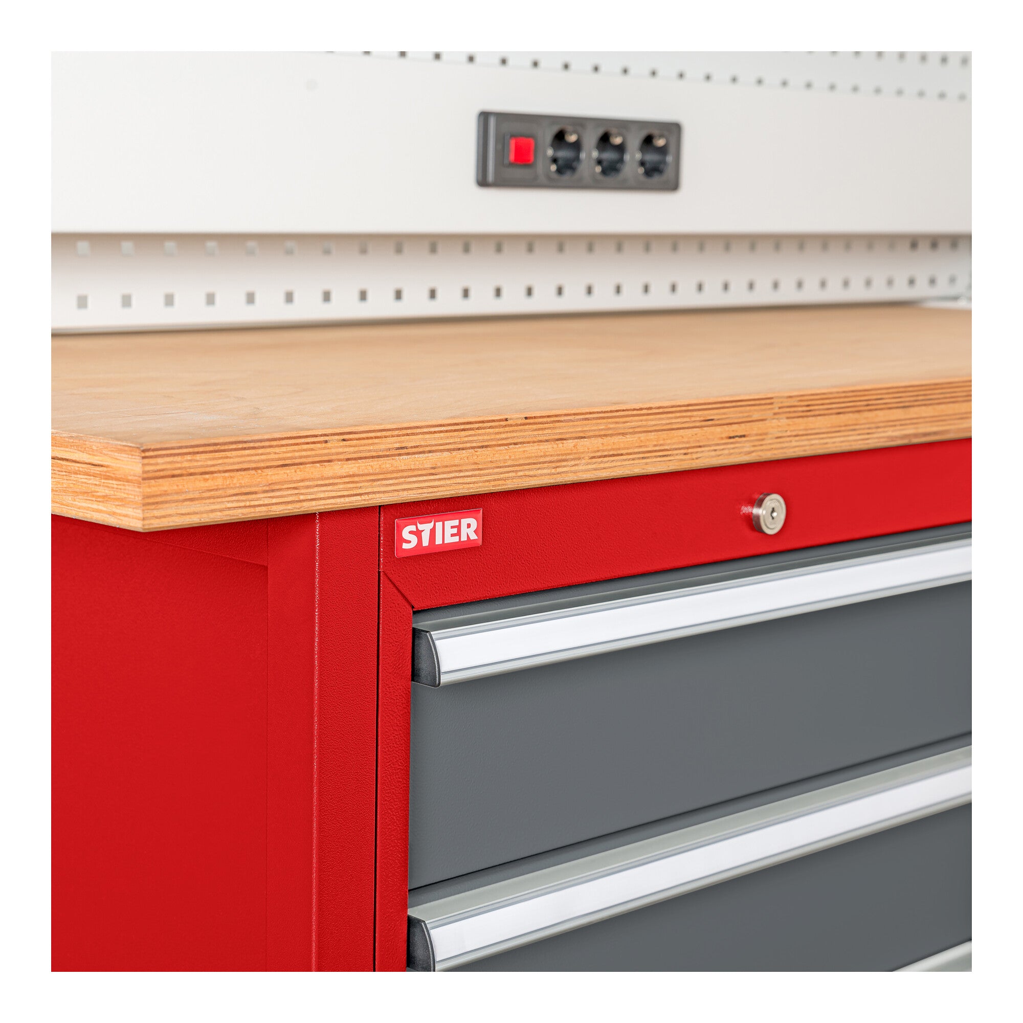 STIER Werkbank mit 8 Schubladen BxTxH 1500x600x960 mm RAL 3020 / RAL 7016