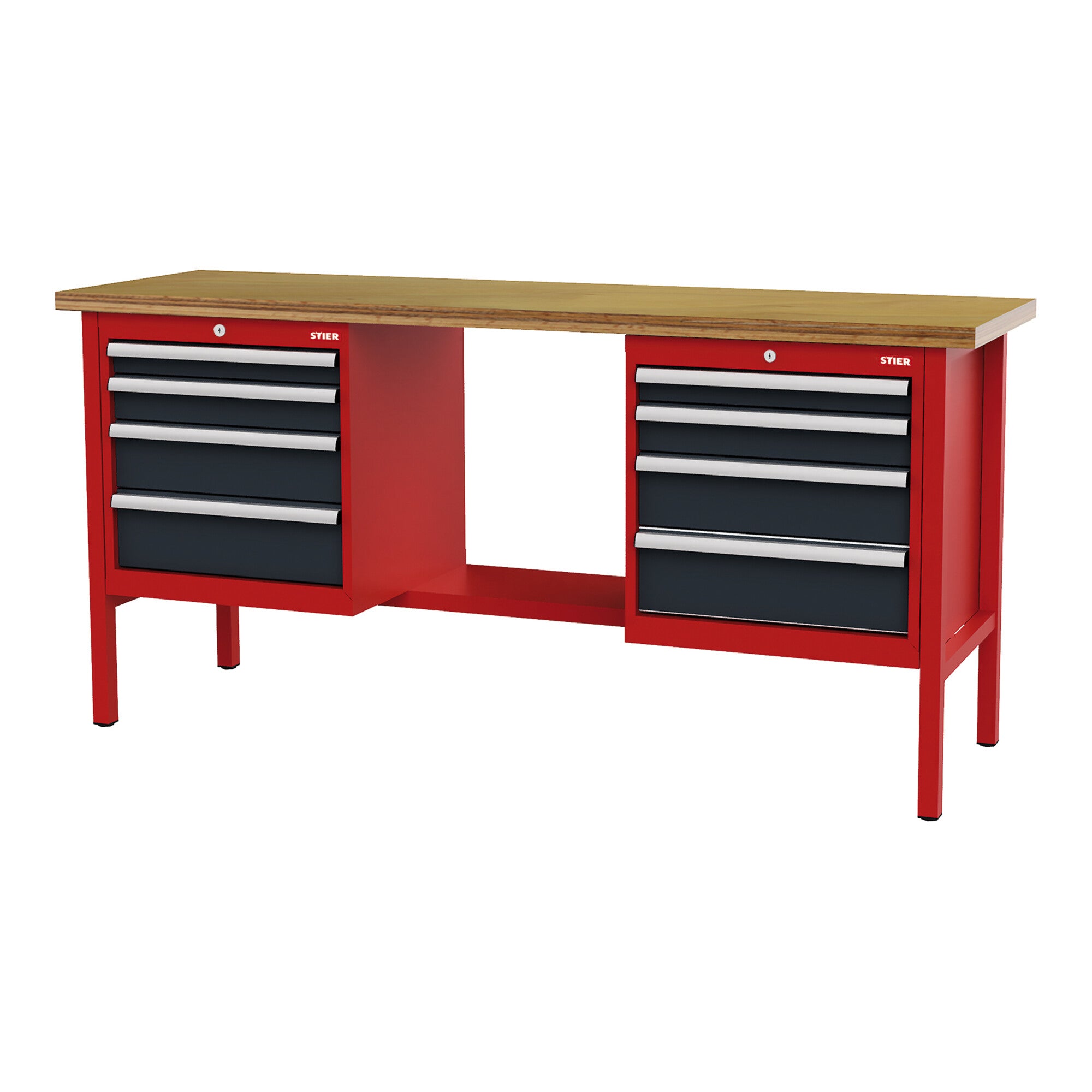 STIER Werkbank mit 8 Schubladen BxTxH 2000x600x960 mm RAL 3020 / RAL 7016