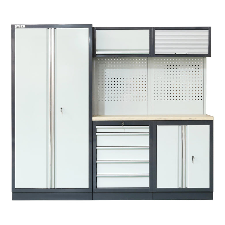 STIER Werkstatteinrichtung Basic 3-teilig mit Lochwand und Multiplex-Arbeitsplatte BxTxH 2275x460x2000mm