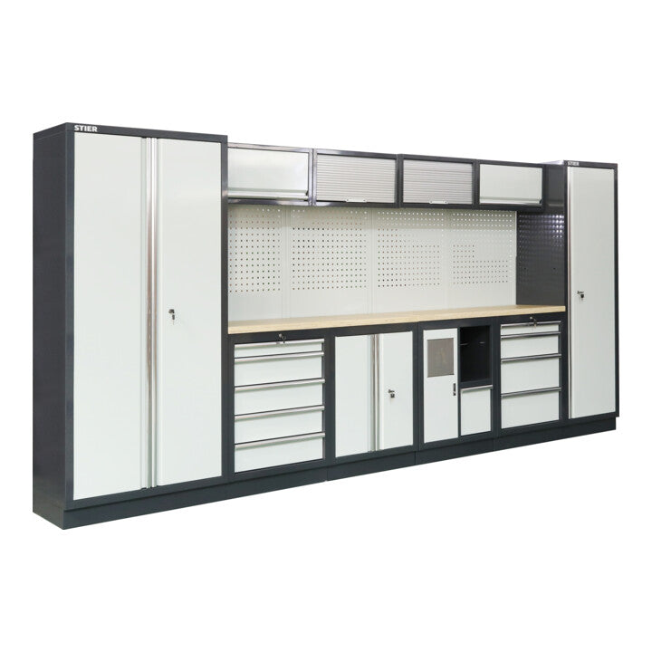 STIER Werkstatteinrichtung Basic 3-teilig mit Lochwand und Multiplex-Arbeitsplatte BxTxH 2275x460x2000mm