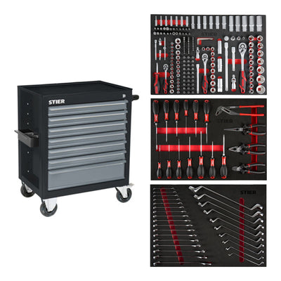 STIER Black workshop trolley equipped with 223 tools in soft foam insert