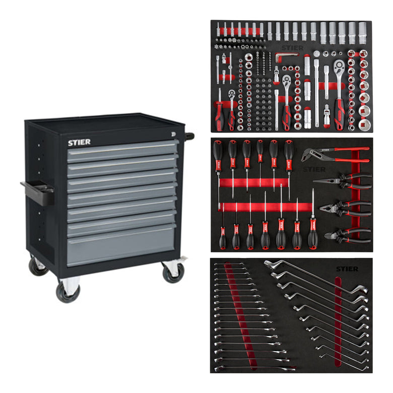 STIER Black workshop trolley equipped with 223 tools in soft foam insert