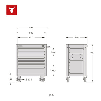 STIER Black workshop trolley equipped with 223 tools in soft foam insert