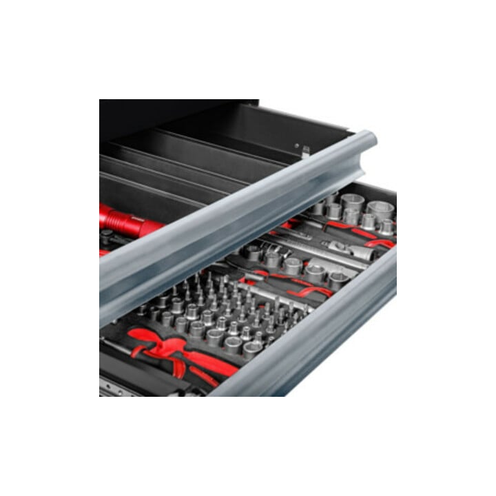STIER Black workshop trolley equipped with 223 tools in soft foam insert