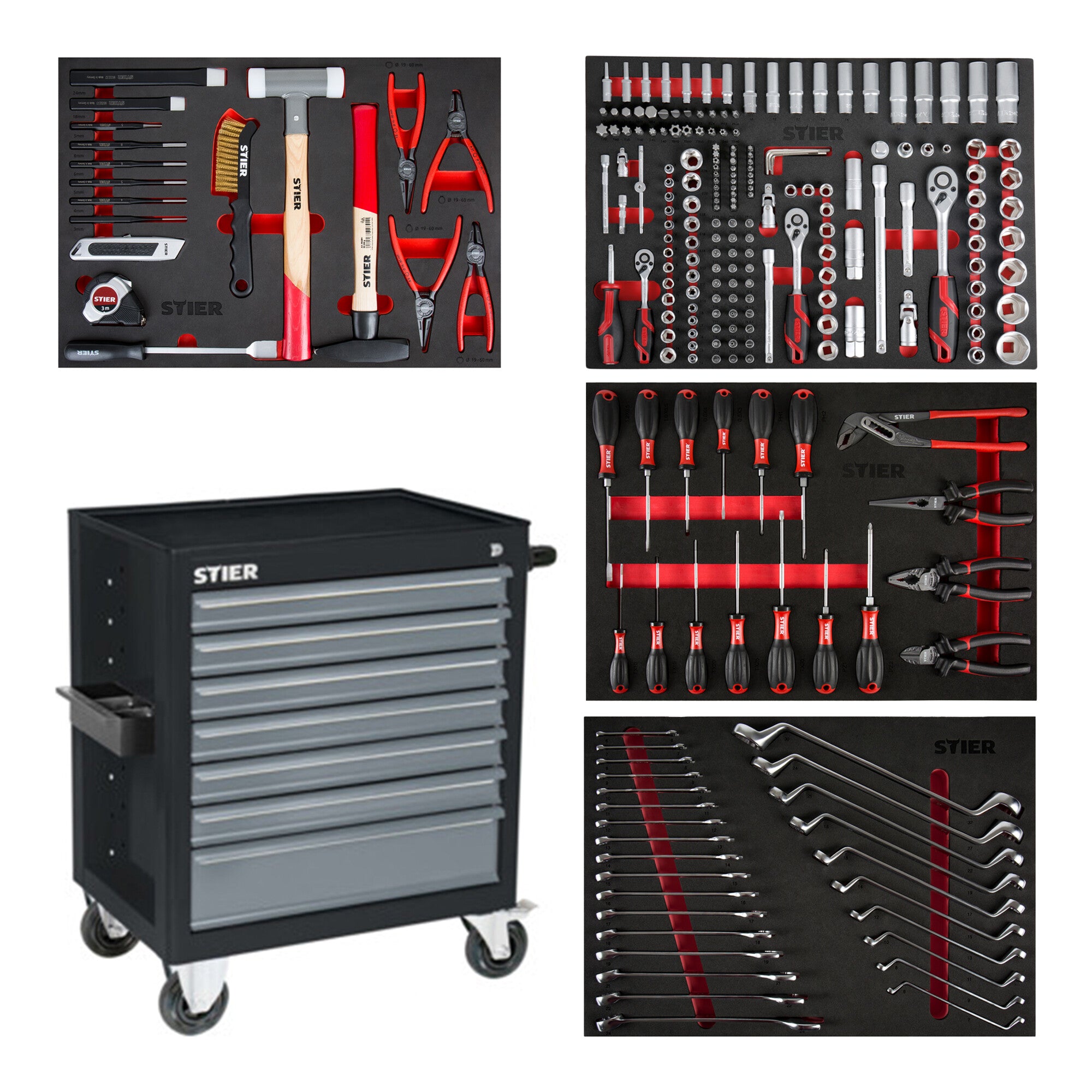STIER Black workshop trolley equipped with 241 tools in soft foam insert