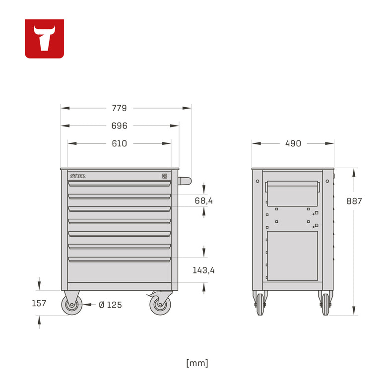 STIER Black workshop trolley equipped with 241 tools in soft foam insert