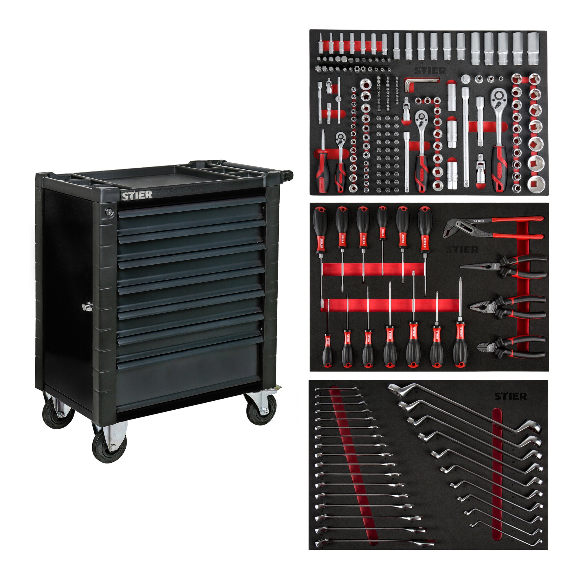 STIER workshop trolley with protective device and side door equipped with 223 pieces