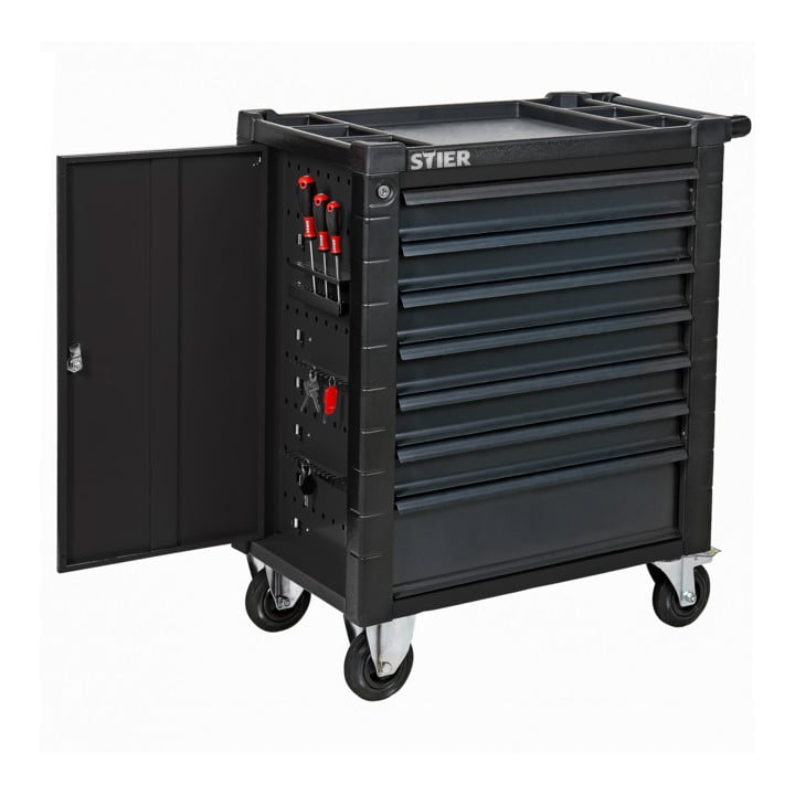 STIER workshop trolley with protective device and side door equipped with 223 pieces