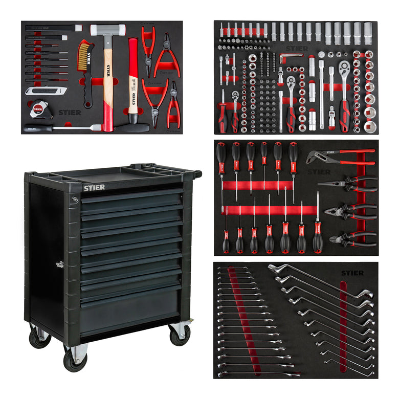 STIER workshop trolley with protective device and side door, equipped with 241 pieces