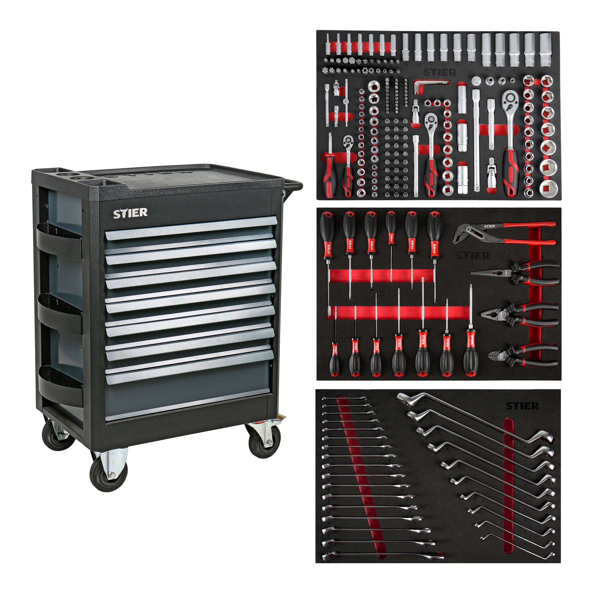 STIER Premium workshop trolley equipped with 223 pieces and plastic cover