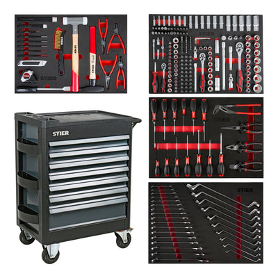 STIER Premium workshop trolley equipped with 241 pieces and plastic cover