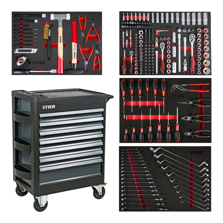 STIER Premium workshop trolley equipped with 241 pieces and plastic cover