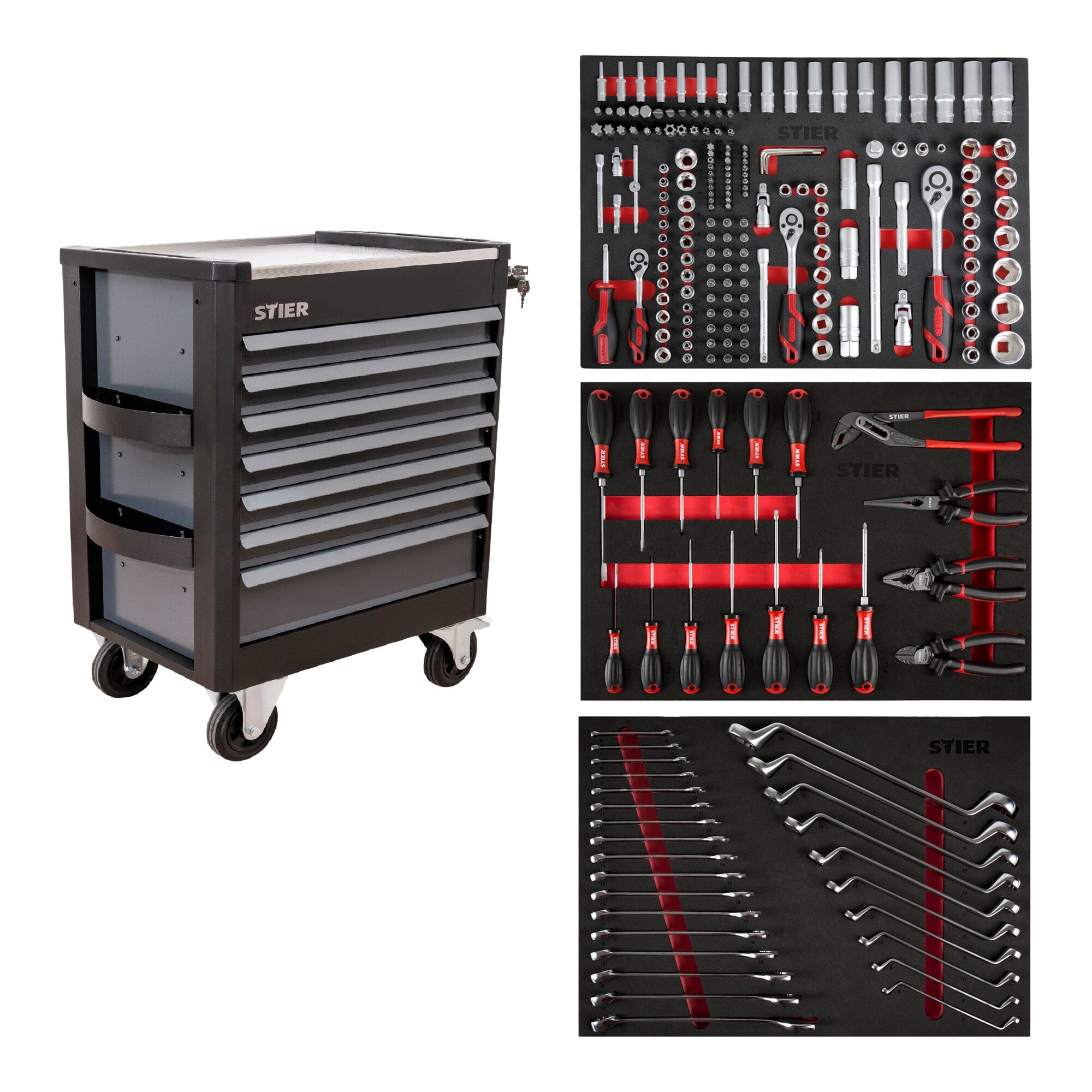 STIER Premium workshop trolley with stainless steel work surface, complete with 223 pieces