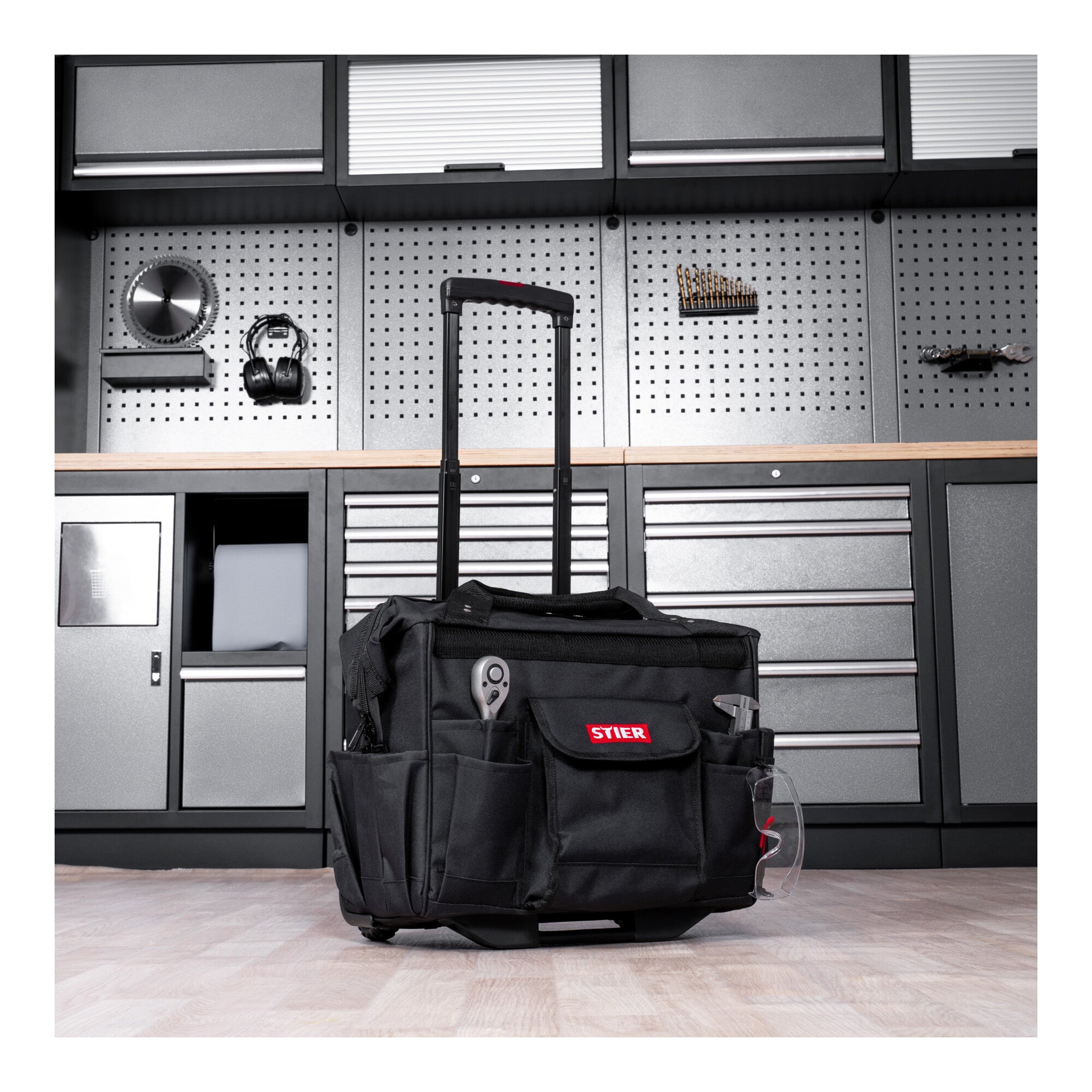 STIER Werkzeugtrolley Premium+ leer Werkzeugkoffer schwarz 19 Fächer reißfest
